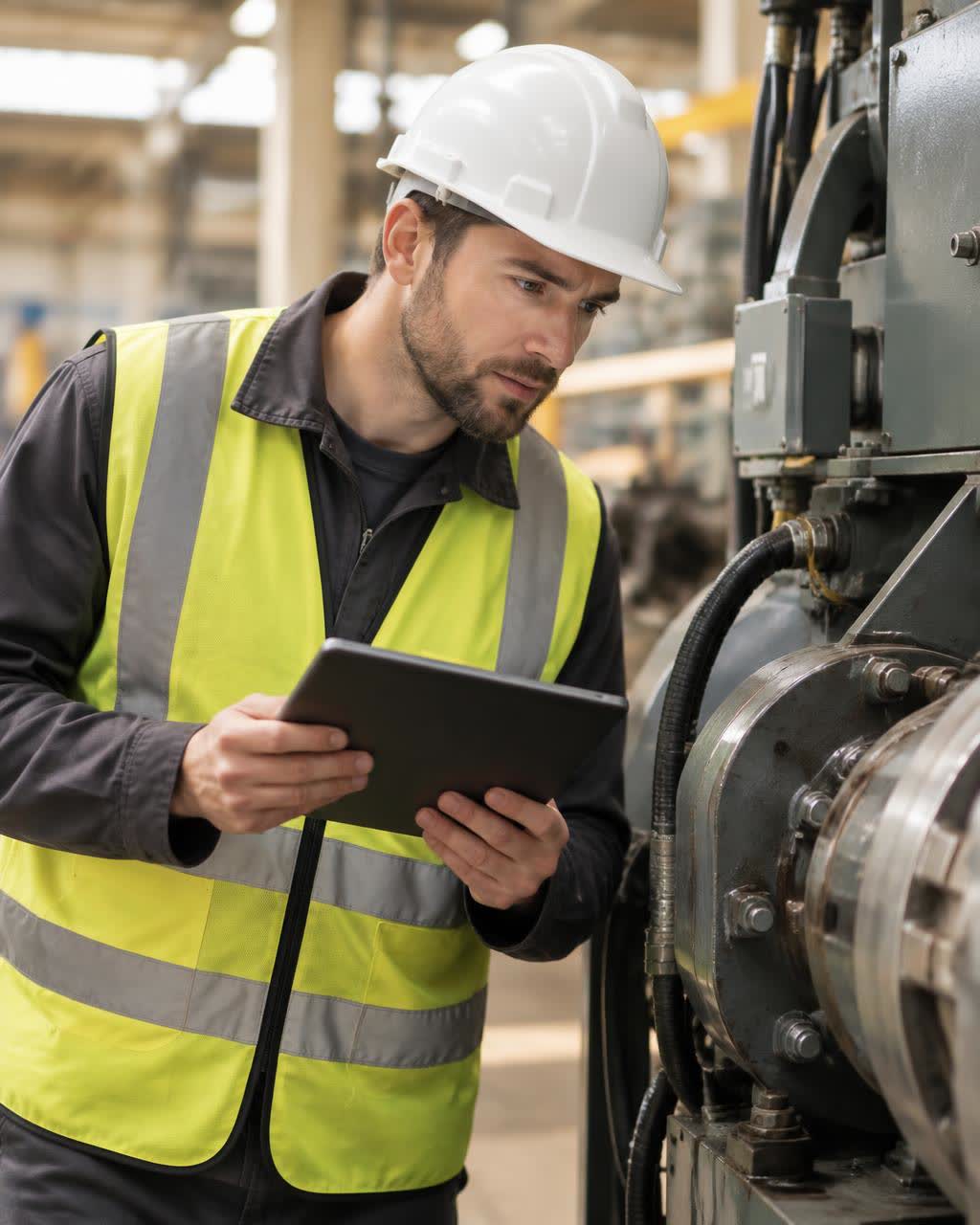 A field technician checking equipment with a tablet in a manufacturing plant