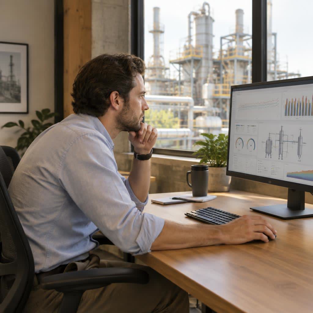 A software buyer comparing platforms on a laptop in a modern office