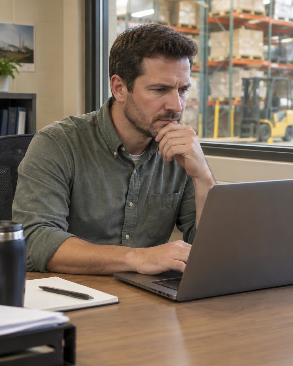 An operations leader researching vendors at a desk in an industrial office