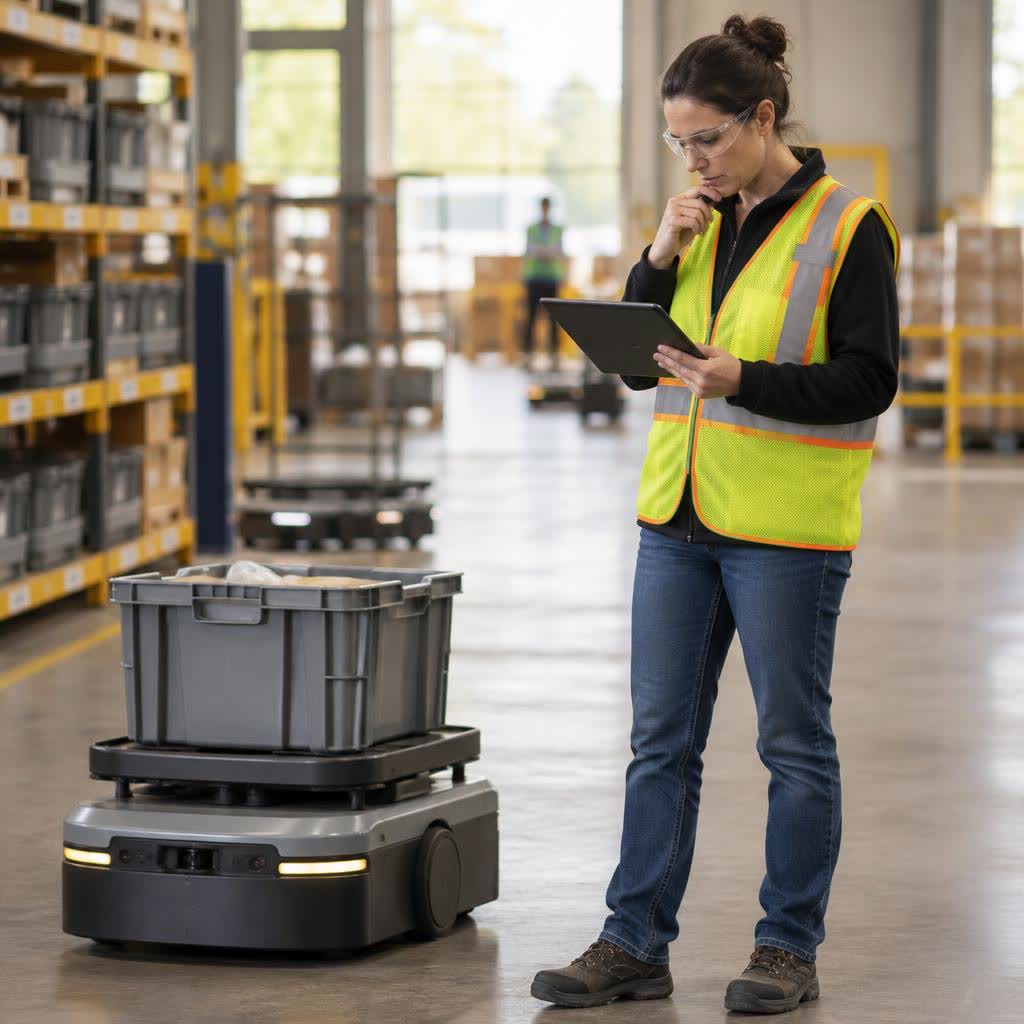 A technician working alongside robotic arms on a plant floor