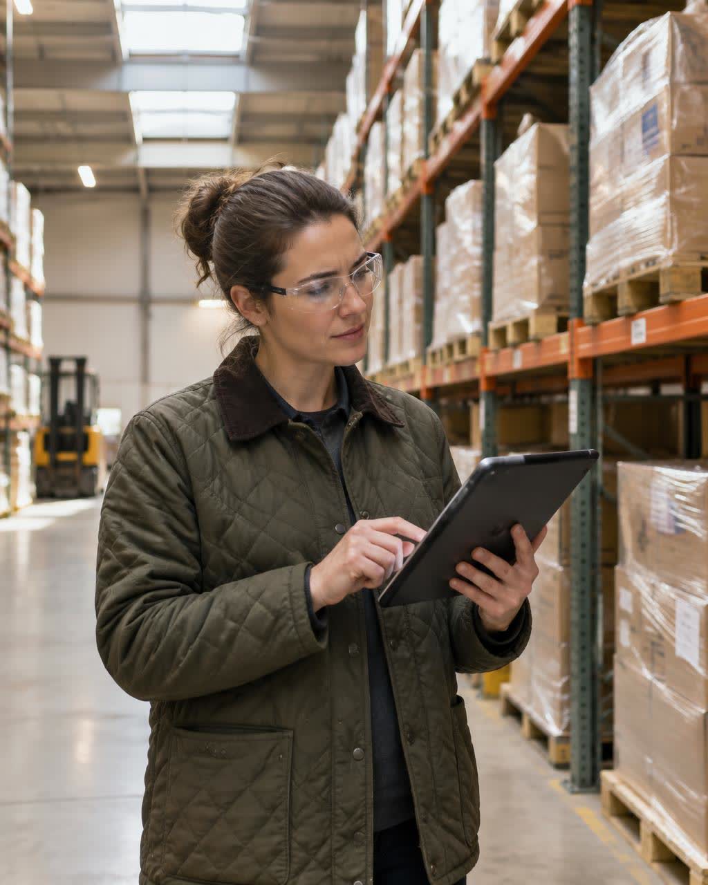 A logistics coordinator reviewing shipments on a tablet in a warehouse