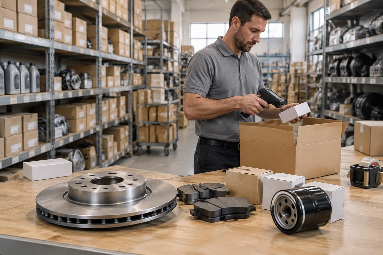Automotive parts associate checking an online order beside replacement parts