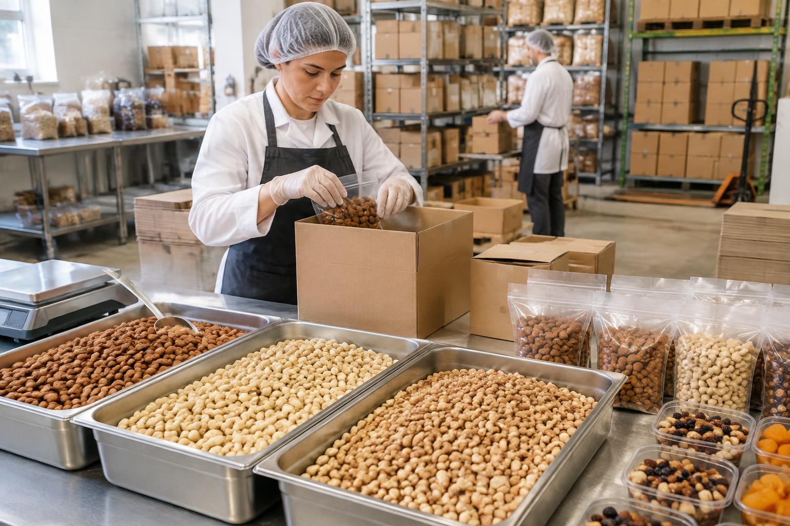 Wholesale food associate packing nuts from a varied product assortment for shipment