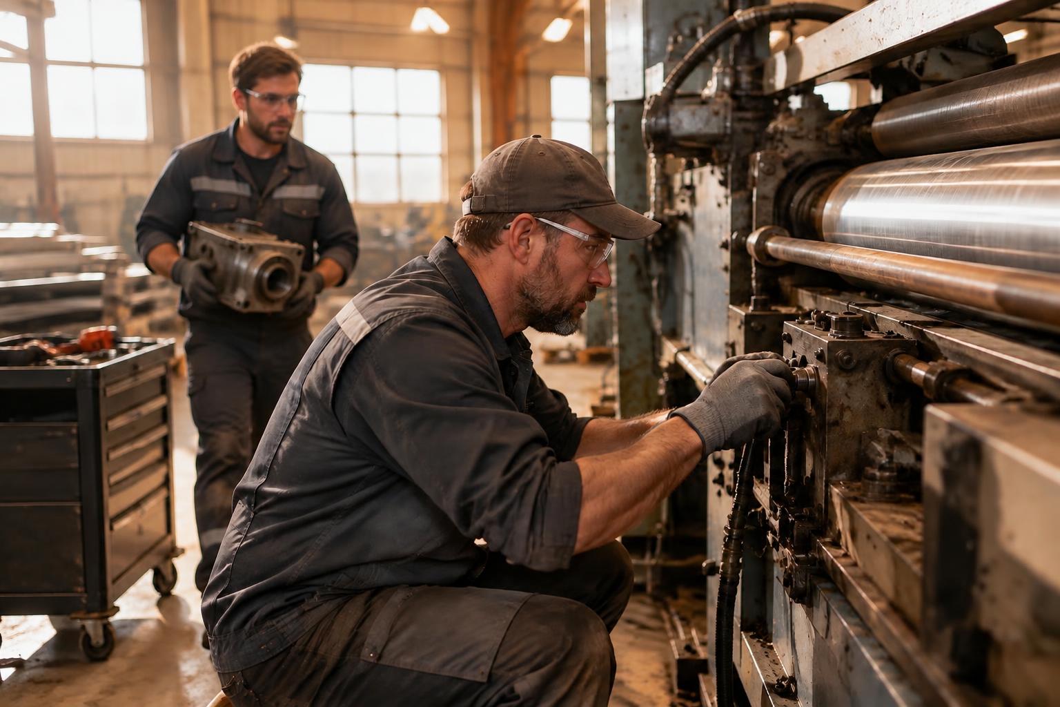 Blue-collar service technicians with a replacement machine part at heavy production machinery in an industrial repair facility