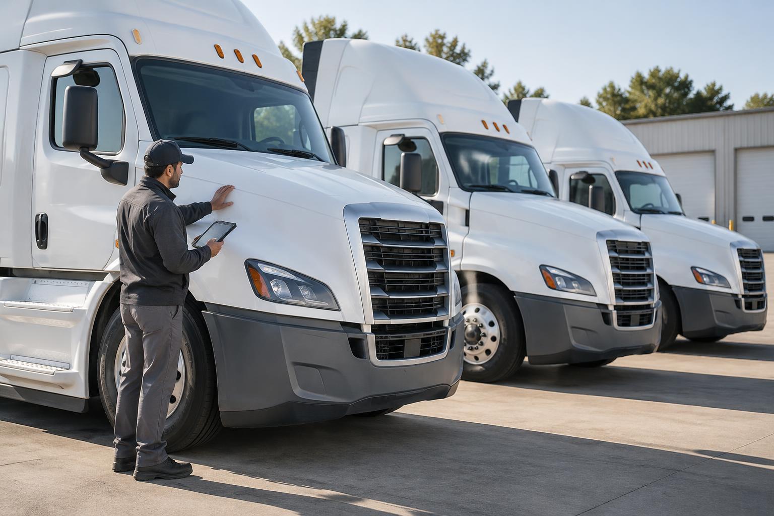 Fleet operations manager with a tablet beside heavy trucks in a fleet yard