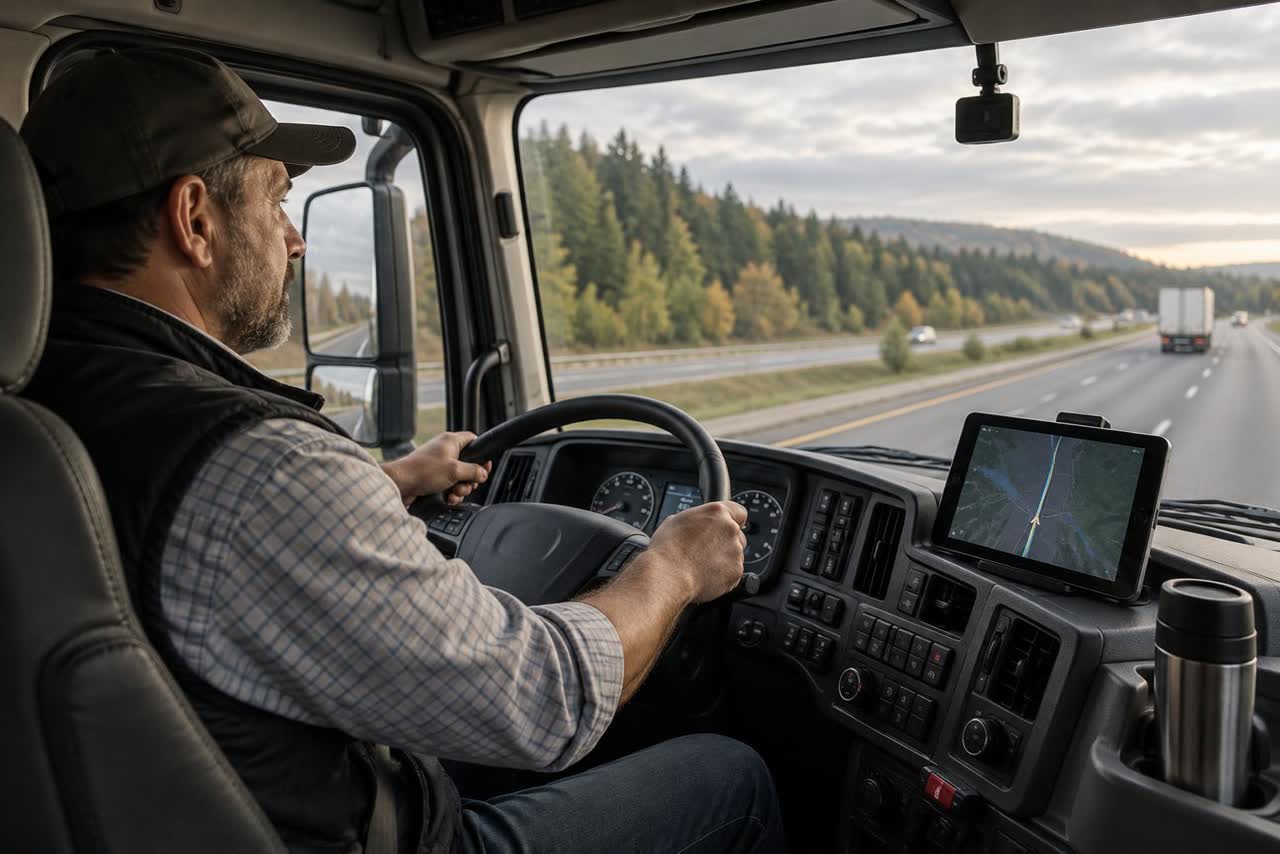 Truck driver inside a heavy truck cab with a dash camera and electronic logging device
