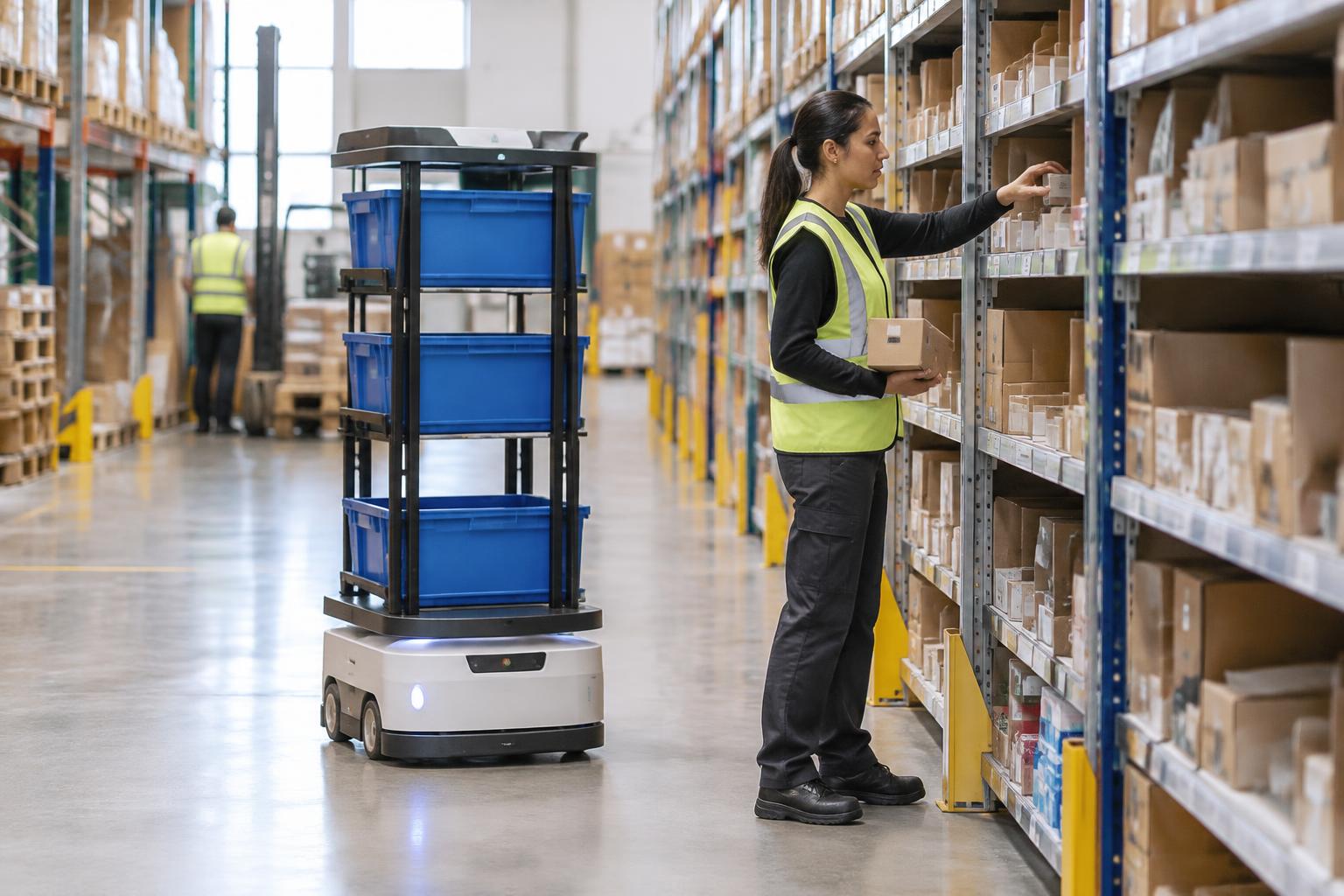 Warehouse associate picking orders alongside an autonomous mobile robot