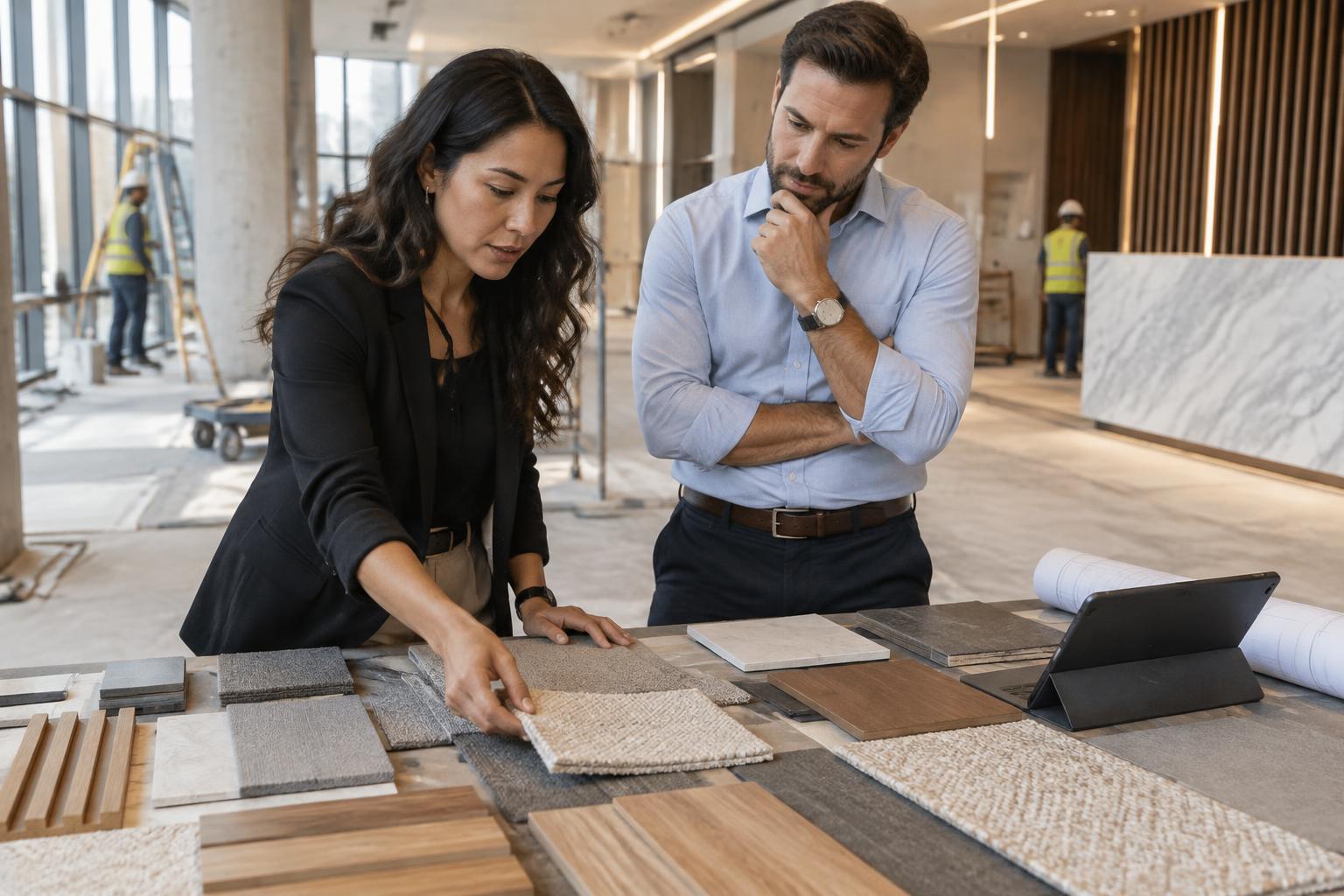Interior designer and architect reviewing wall finish samples at a commercial building project