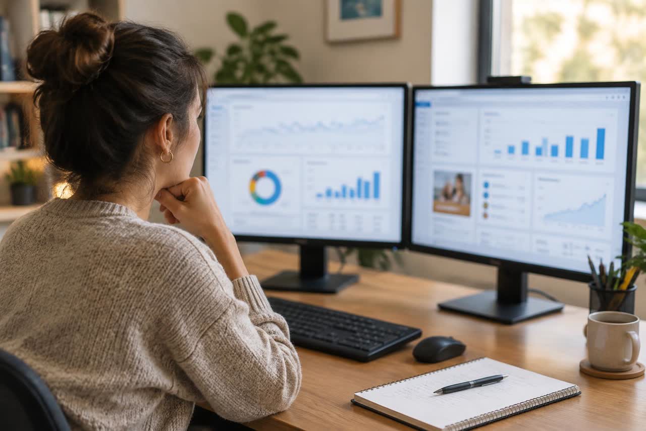 A marketing lead reviewing search campaign results on two monitors