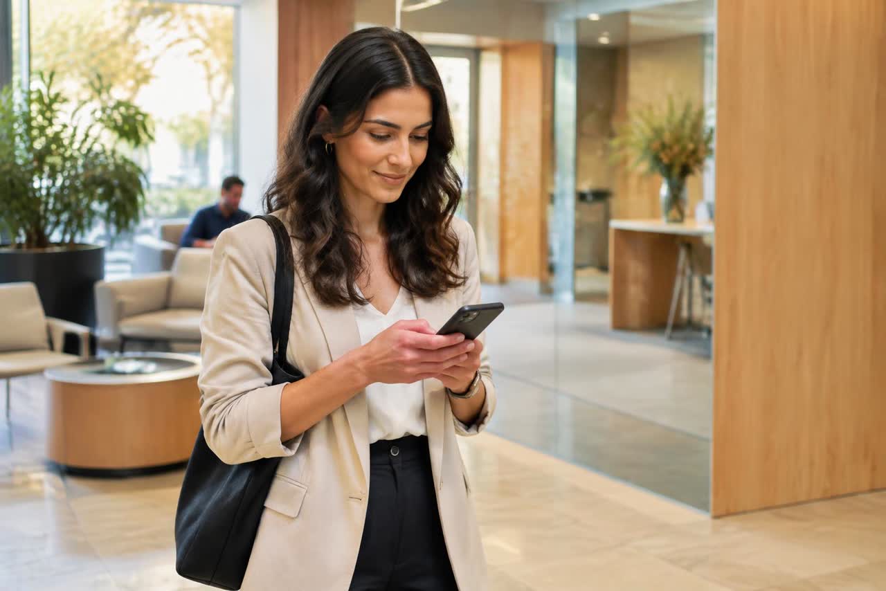 A professional checking her phone in an office lobby